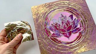 #187 DIVINE GOLD FLUIDART LOTUS PAINTING - acrylic pour art