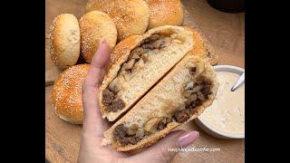 Buns stuffed a'la burger, a simple recipe for delicious buns with meat, mushrooms and onions