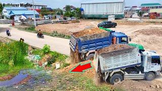 Good Job, Filling Up The Land huge, By Bulldozer MITSUBISHI BD2F, Dump Truck Unloading