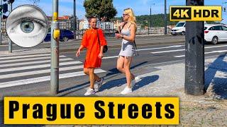 Prague Walking Tour on the shadow side of the street to Slavonic Island Сzech Republic 4k HDR ASMR