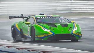 Lamborghini Huracán GT3 EVO2 testing on wet/humid Misano: Traction Control Noise, Slides & Sound!