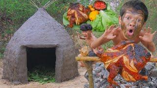 Bushcraft earth hut Building complete and warm survival &Cooking chicken #000152