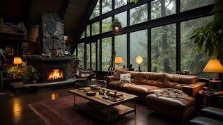 Jazz Relaxing Music - Rainy Day at Cozy House Inside Forest with Gentle Rain, Fireplace Sounds ️