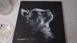 Painting White Cat on Black Canvas