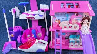 9 Minutes Satisfying with Unboxing Cute Doll House Playset，Pink Cleaning Cart Toy ASMR | Review Toys