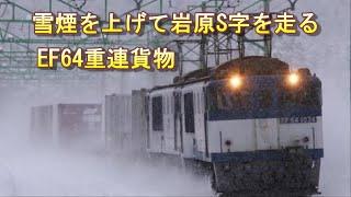 雪煙を上げて岩原S字を走るEF64 1000番台重連貨物列車 汽笛あり 2010/2/12