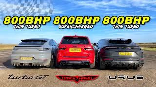 THE HEAVY WEIGHTS.. TRACKHAWK v URUS v TURBO GT: DRAG RACE