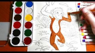 Раскрашиваем веселую обезьянку, с бананами, для детей.Paint a funny monkey, with bananas