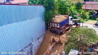 New Project!! Dozer D20 & Truck 5T pushing soil Pour dry soil into flooded soil on size 5mX15m