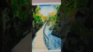 Mountain Landscape with Bridge | Oil Pastel Art #shorts #arttutorial #mountainpainting