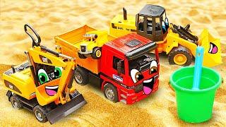 Lasten hiekkaleikkejä leluautoilla | Traktorit, kaivinkoneet, pikkubussi Tayo sekä rekat