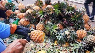 Giant Yellow Pineapple Fruit Cutting With Masala Making Roadside