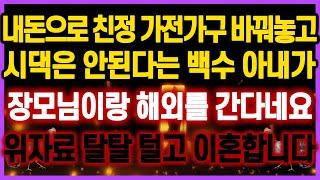 [역대급 사이다 사연] 내돈으로 친정 가전가구 바꿔놓고 시댁은 안된다는 백수 아내가 장모님이랑 해외를 간다네요 위자료 탈탈 털고 이혼합니다 사연모음 실화사연