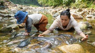 Single mother's raft destroyed by bad guys - going to the stream to trap fish with giant bamboo cage