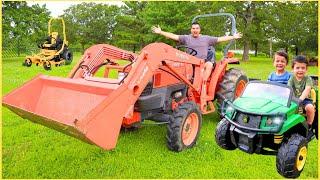 Chasing TRACTOR with kids power wheels Gator and using Riding Lawn Mower for help | Super Krew