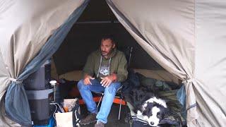 Tent Camping With Truck In Freezing Storm