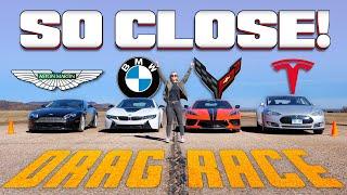 These Results Even Surprised Us - V8 Vantage vs BMW i8 vs C8 Corvette vs Tesla Model S Drag Race!