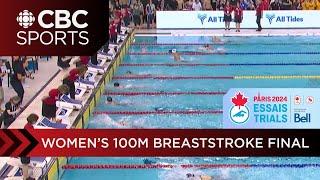 Sophie Angus and Kelsey Wog with an extremely close finish in women's 100m Breaststroke at Trials