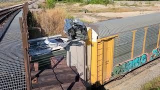 TRAIN CRASHES INTO BRIDGE. LOW CLEARANCE BRIDGE VS AUTORACKS. BRAND NEW CARS DESTROYED.