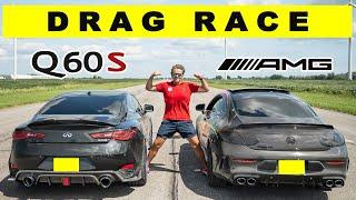Infiniti Q60S vs Mercedes C43 AMG, stock and tune drag and roll race!