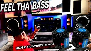 FEEL the Bass  2 ButtKicker Haptic transducers installed in the couch on 2 1000 Watt amps