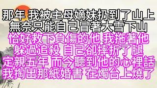 那年，我被主母嫡妹扔到了山上，無奈只能自己冒著大雪下山，恰好救下負傷的他，我拖著他，躲過追殺，自己卻摔折了腿，定親五年，而今聽到他的心裡話，我掏出那紙婚書，在燭台上燒了【幸福人生】#為人處世#生活經驗