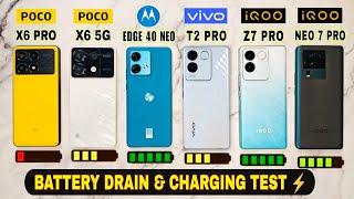 Poco X6 vs X6 Pro vs iqoo neo 7 pro vs vivo t2 pro / z7 pro vs moto edge 40 neo - battery drain test