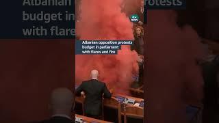 Albanian opposition protests budget in parliament with smoke flares and fire #albania #politics