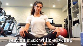 How to stay on track while traveling (easy healthy meals made in hotel room, workout plan)