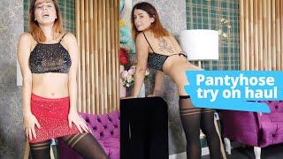 Shiny pantyhose review! See through transparent lingerie try on haul and skirt haul nylon feet Sweet