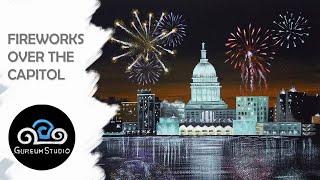 Acrylic Painting Fireworks Over US Capitol Landscape | Step By Step Tutorial #64