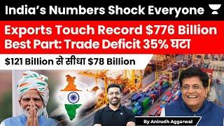 India Exports hit $776 billion in FY24. Trade deficit falls by 35% to $78 billion. India Trade Data