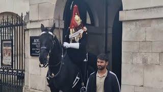 King's guard shouts 3 times at two tourists holding the reins and not listening #thekingsguard