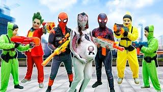 TEAM SPIDER-MAN vs BAD GUY TEAM|| Spider-man Attack JOKER & Crazy SQUID GAME- Epic Super Adventure!