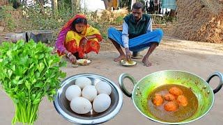 rural couple cooking EGGS with CORIANDER LEAF curry delicious recipe || egg curry recipe