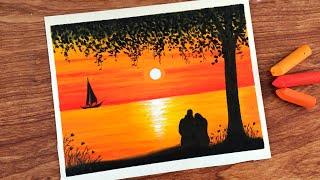 Oil Pastel Couple watching Sunset Painting for beginners | Oil Pastel Drawing