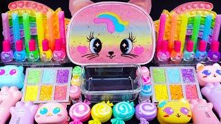 Cat Rainbow Slime Mixing Eyeshadow,Glitter & Random things into slime #asmr #satisfyingslime