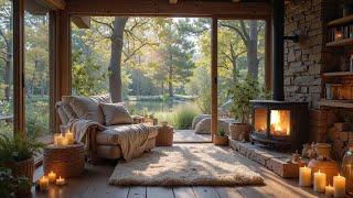 Morning Spring in Cozy Cabin Ambience  Relaxing Piano, Flowing Stream and Fireplace to Unwind