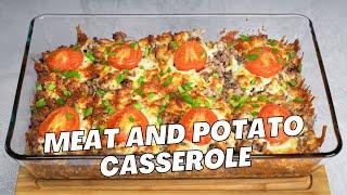 Meat and Potato Casserole. Cheesy BAKED POTATO & GROUND MEAT. Baked Potato Dish. Easy Dinner Recipe.