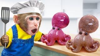 KiKi Monkey perform cooking Stir Fry Baby Octopus Recipe to eat with Duckling | KUDO ANIMAL KIKI