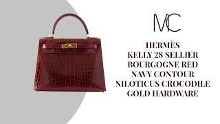 • MIGHTYCHIC • HERMÈS Kelly 28 Sellier Bourgogne Red Navy Contour Crocodile Gold Hardware