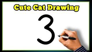 Beautiful Cat Drawing | Simple Cat Drawing | How to Draw Cat with number 3 | Cat Drawing Tutorial