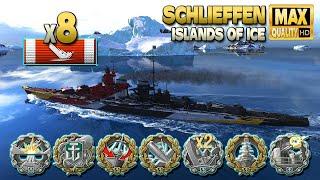 Battleship Schlieffen: Offensive play on map Islands of Ice - World of Warships