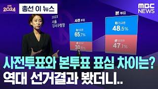 [총선 이 뉴스] 사전투표와 본투표 표심 차이는? 역대 선거결과 봤더니.. (2024.04.10/MBC뉴스)