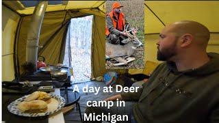 A day at Michigan deer camp || Wall tent camping with wood stove