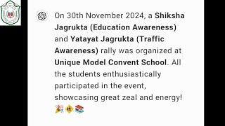 Rally educational & traffic rules awareness 30 November 2024 at unique model convent school