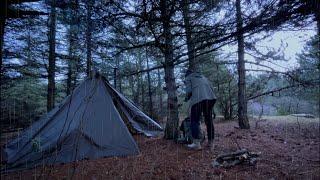 hot tent camping Bushcraft  in heavy rain Asmr