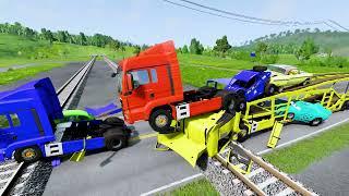 Double flatbed trailer truck vs speed bumps | Train vs Cars | Tractor vs Train | BeamNG drive 7