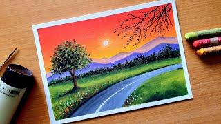 Oil Pastel Nature Drawing for Beginners / SUNSET COUNTRYSIDE / Easy Oil Pastel Scenery Drawing