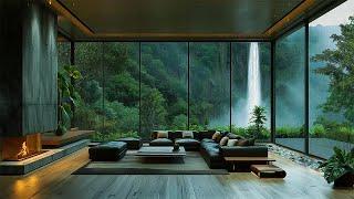 Relaxing in the Living Room Watching the Rain | Fireplace, Rain and Waterfall Sound to Rest, Work